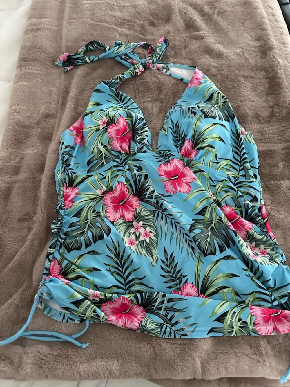 Tropical Blue Halter Tankini Top with Pink Hibiscus